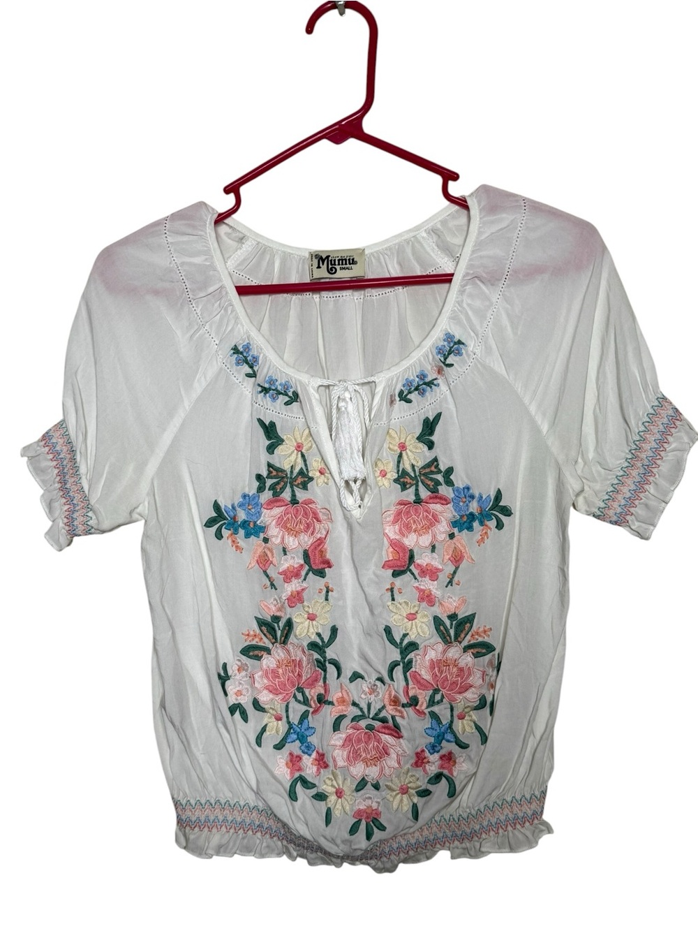 Show Me Your MuMu Lucy White Floral Embroidered Peasant Blouse Size S Like New